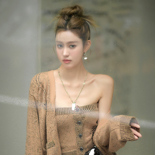 抹胸针织套装 FOREVERCAN棕色复古宽松长袖 新款 外套女秋季 毛衣开衫