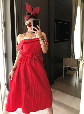 CAN夏季新款 时尚气质显瘦高腰红色无袖中长款吊带连衣裙女