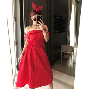 中长款 CAN夏季 气质显瘦高腰红色无袖 时尚 吊带连衣裙女 新款