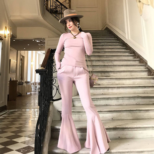 新款 休闲高腰长裤 粉色修身 时尚 女 显瘦百搭喇叭裤 forevercan秋装