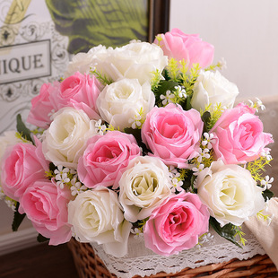 新娘手捧花婚纱拍摄道具客厅餐桌摆件装饰花瓶花艺18头玫瑰花绢花