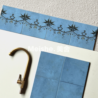 美舍 复古蓝厨房卫生间阳台地砖门厅吧台民宿亮面仿古砖200x200