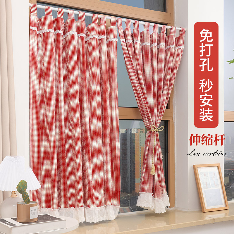 美式田园格子窗帘小窗户布帘飘窗帘遮阳帘门帘隔断帘半帘遮丑遮光