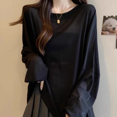 黑色中长款防晒罩衫宽松薄纱