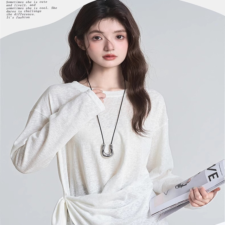 设计感绑带长袖T恤女2025春夏