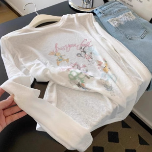 韩系ins卡通印花薄纱防晒罩衫女夏季薄款白色长袖T恤宽松慵懒上衣