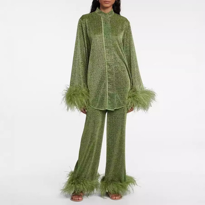 派对女装绒面套装时尚袖luxurious velvet feather sleeve outfit