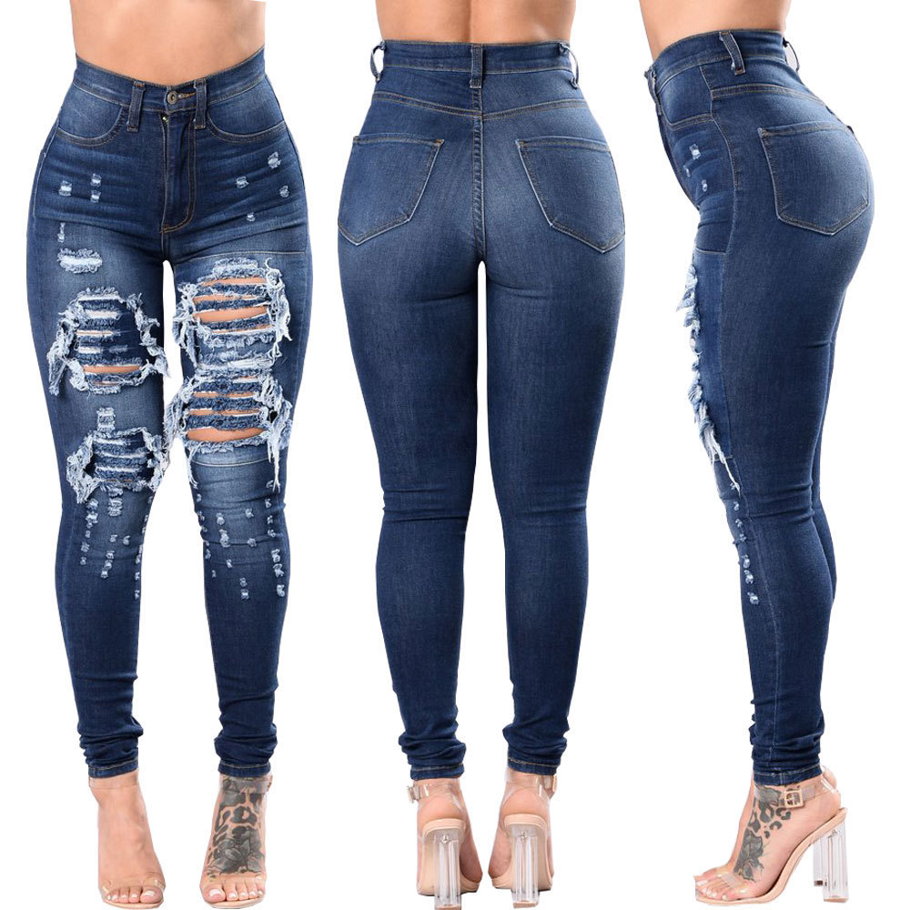 女外贸破洞小脚裤牛仔裤 Women's Ripped Slim Fit Export Jeans