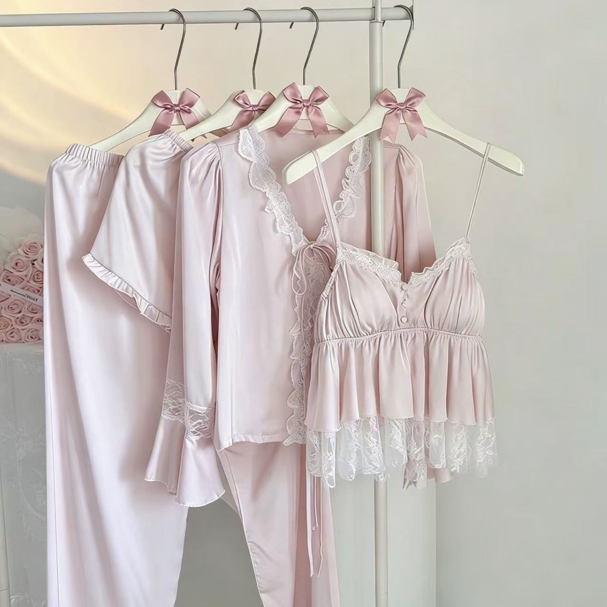 女睡袍浴袍四件套蕾丝睡衣 Women Robe Bathrobe 4pc Lace Pajama
