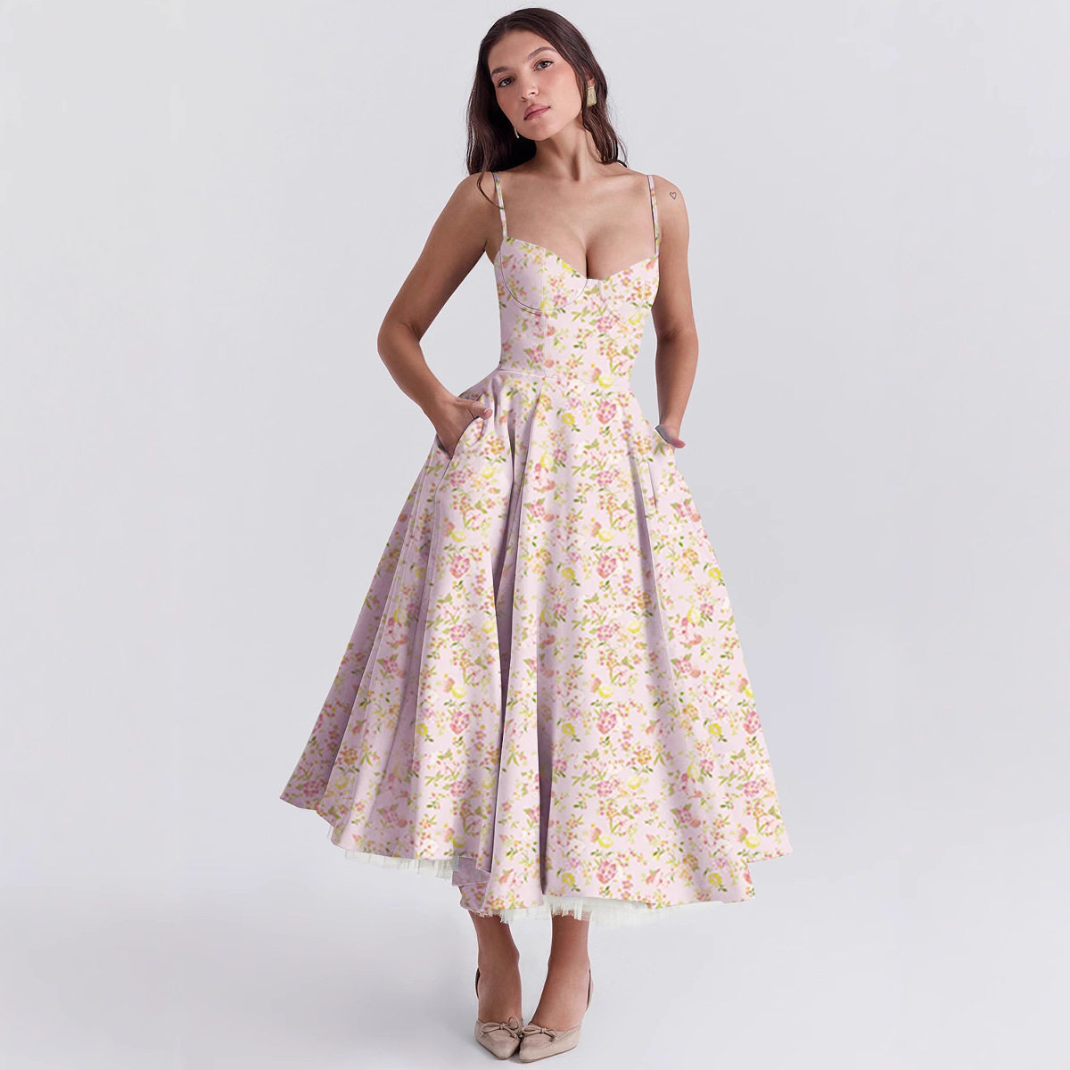 夏季高腰显瘦碎花连衣裙 Summer Midi Dress Women Floral Style