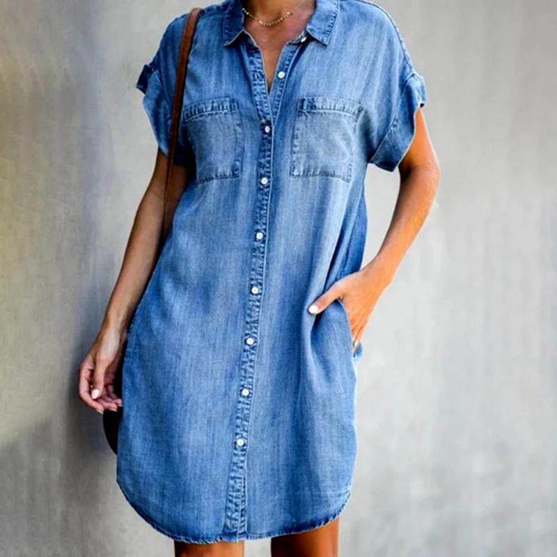 约会出街女款牛仔短袖衬衫连衣裙夏季轻盈日常Dress Summer Women