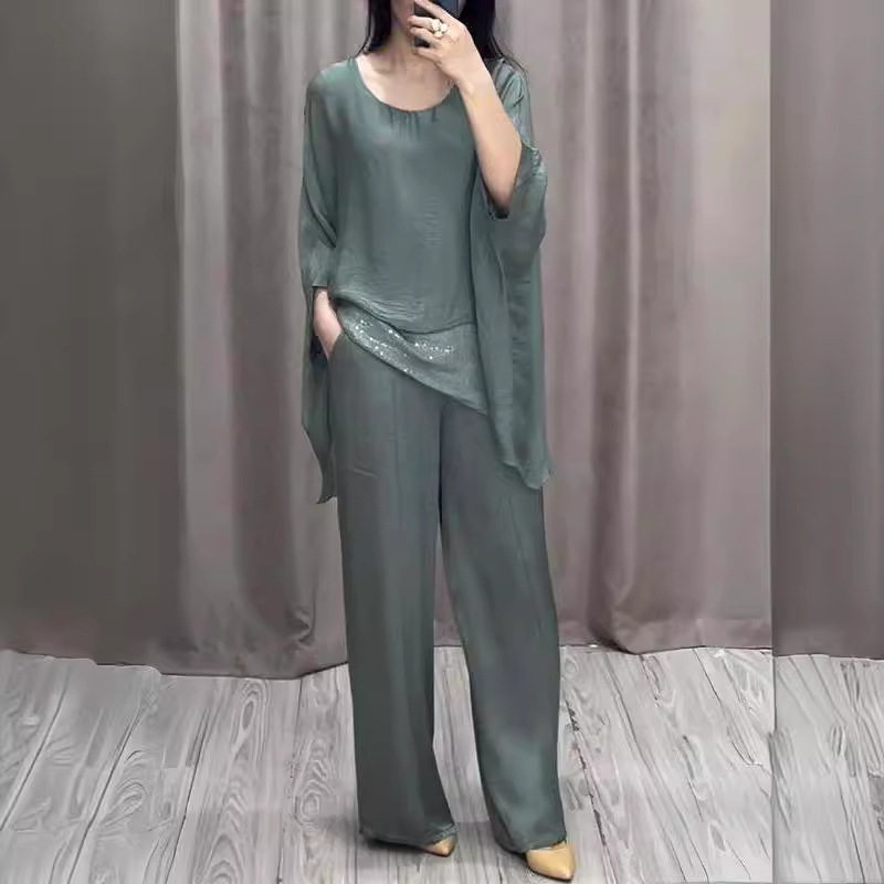 百搭宽松垂感上衣阔腿裤套装 Summer Two Piece Pants Set Women