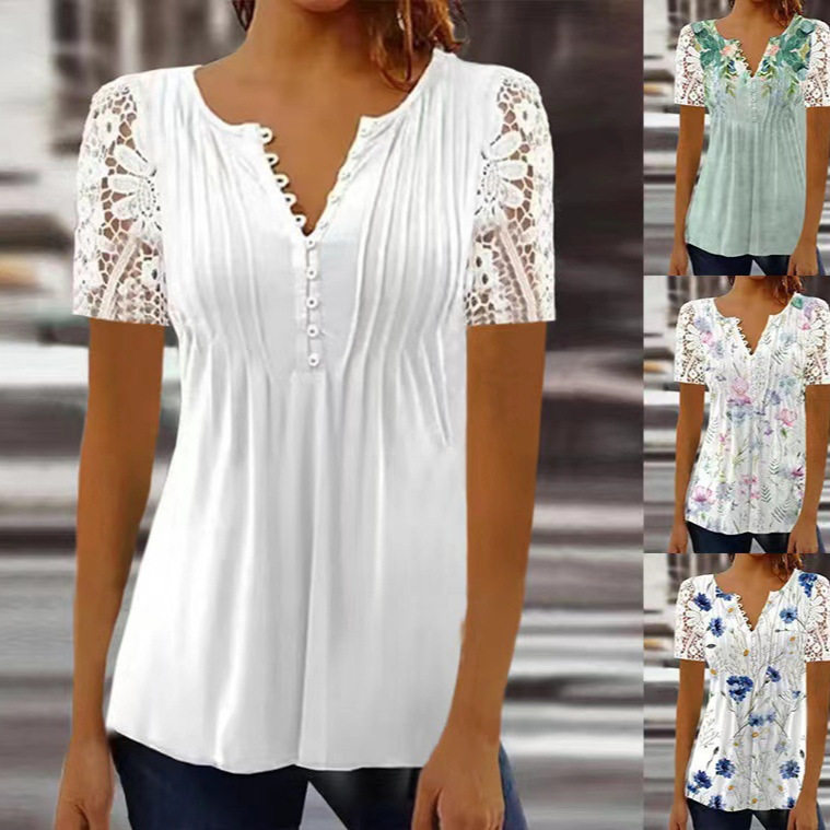 白色印花蕾丝V领上衣女短袖夏季日常休闲约会通勤穿搭 Blouse Top