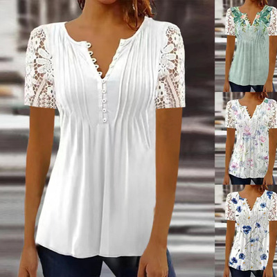 白色印花蕾丝V领上衣女短袖夏季日常休闲约会通勤穿搭 Blouse Top
