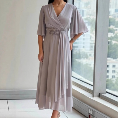 收腰宽松连衣裙女浅灰色 Waist Cinched Flowy Dress Women Light