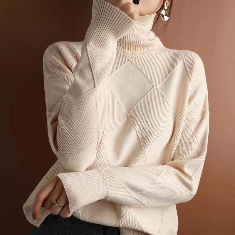 米白色套头式高领毛衣 Ribbed Knit Pullover Turtleneck Sweater