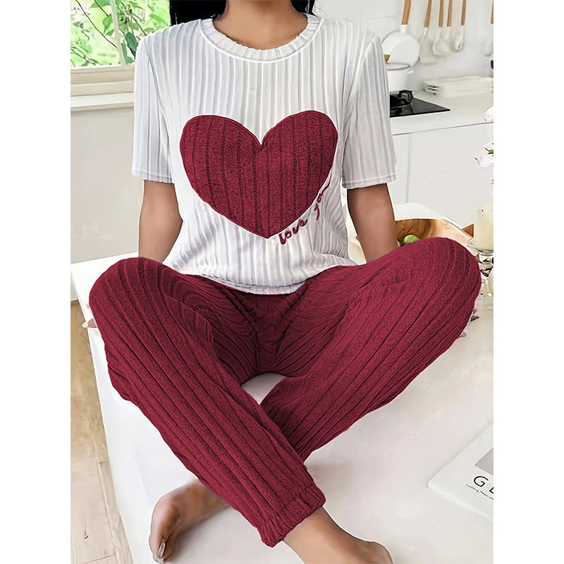 女甜美两件套短袖睡袍浴袍 Womens Sweet Short Sleeve Robe Set