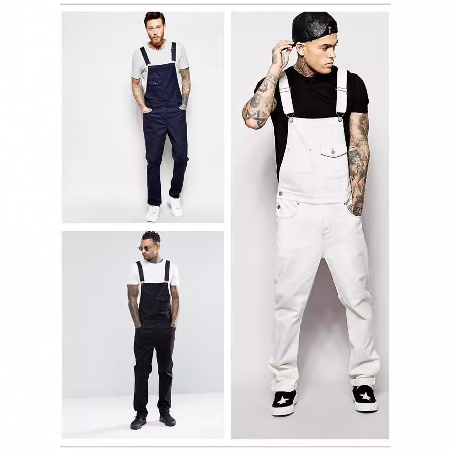 欧洲男士牛仔白色背带长裤 European Mens White Denim Bib Pants