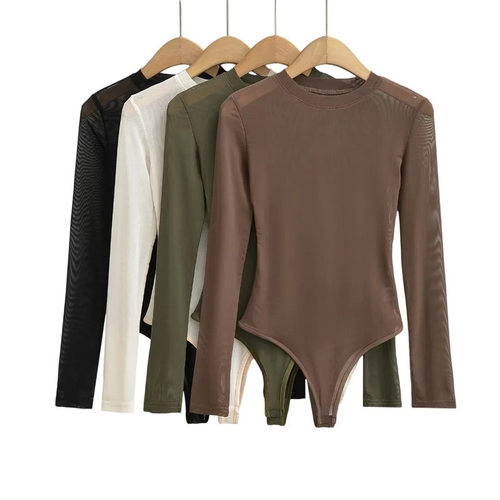 女夏季长袖修身网纱连体衣 Womens Sheer Long Sleeve Bodysuit