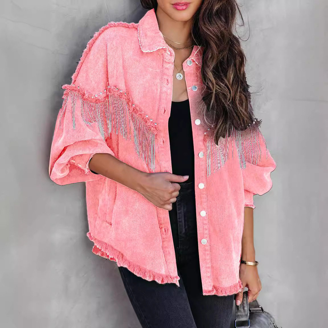 甜酷少女风粉色流苏镶钻牛仔外套女百搭casual rhinestone jacket