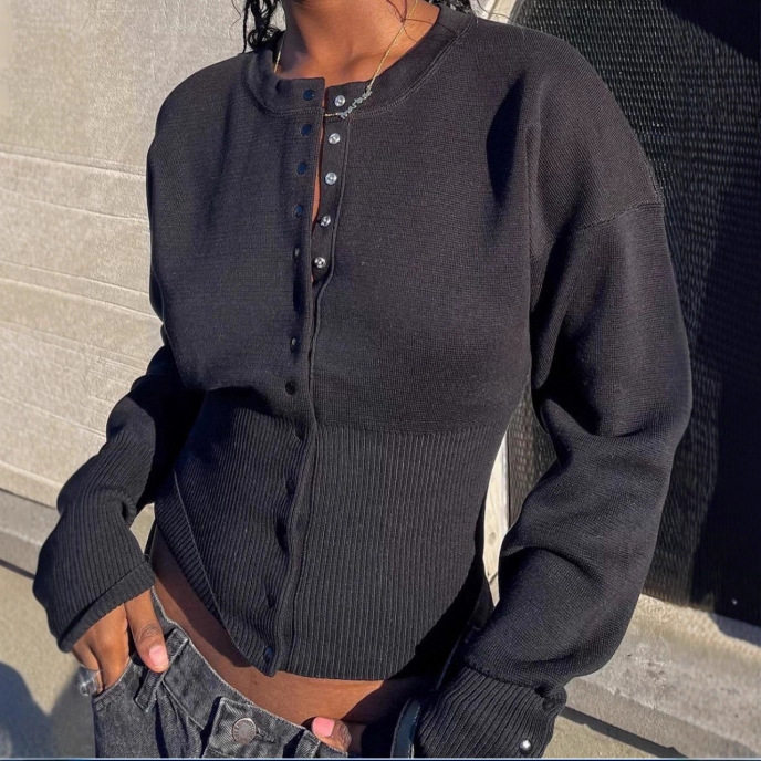 宽松长袖排扣针织开衫上衣女Chic Loose Long Sleeve ButtonWomen
