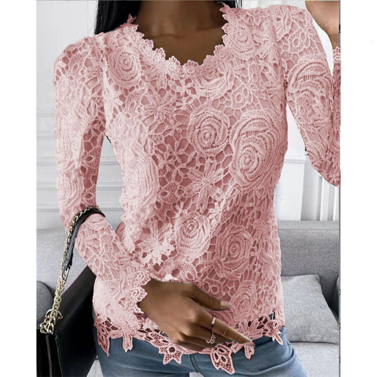 女士粉色蕾丝长袖上衣修身设计透视花纹日常约会穿搭 Top Blouse