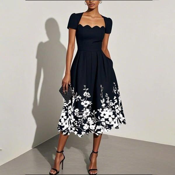 夏季短袖礼服方领度假休闲连衣裙女 Printed Dress Women Summer