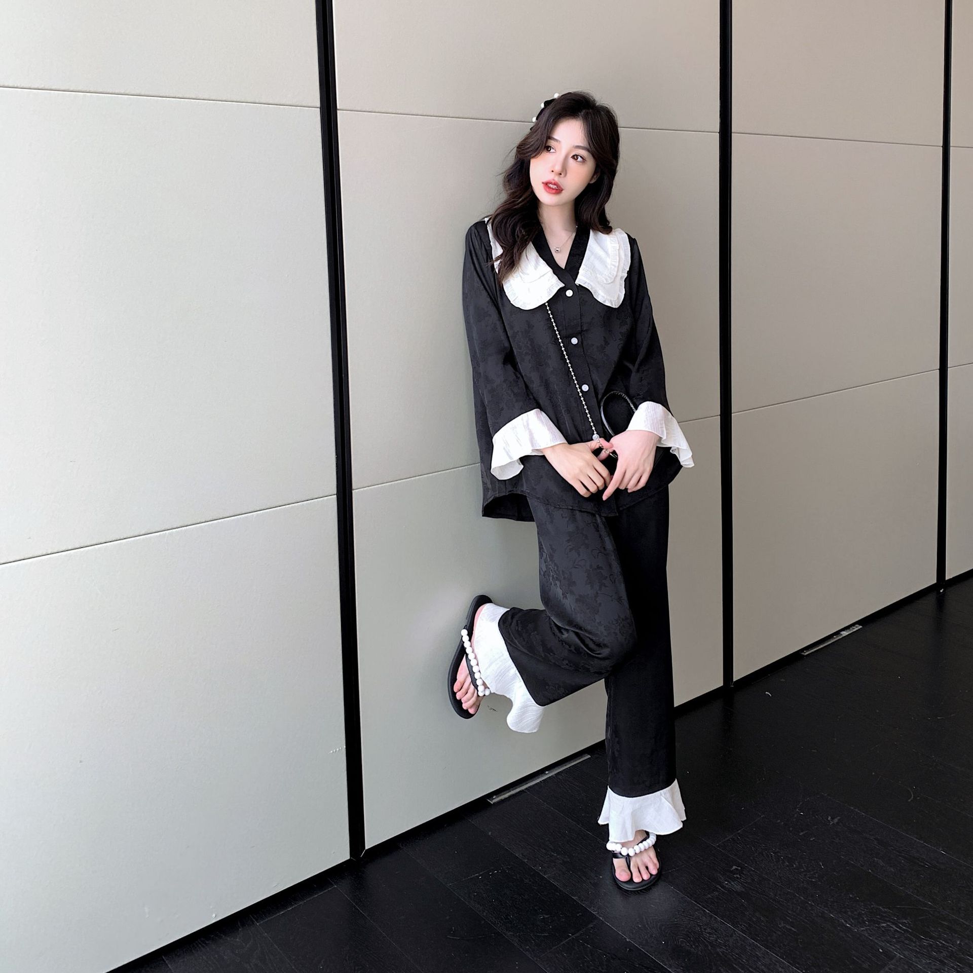 女高级感荷叶边睡衣睡袍 Womens Luxe Ruffled Pajama Sleep Robe