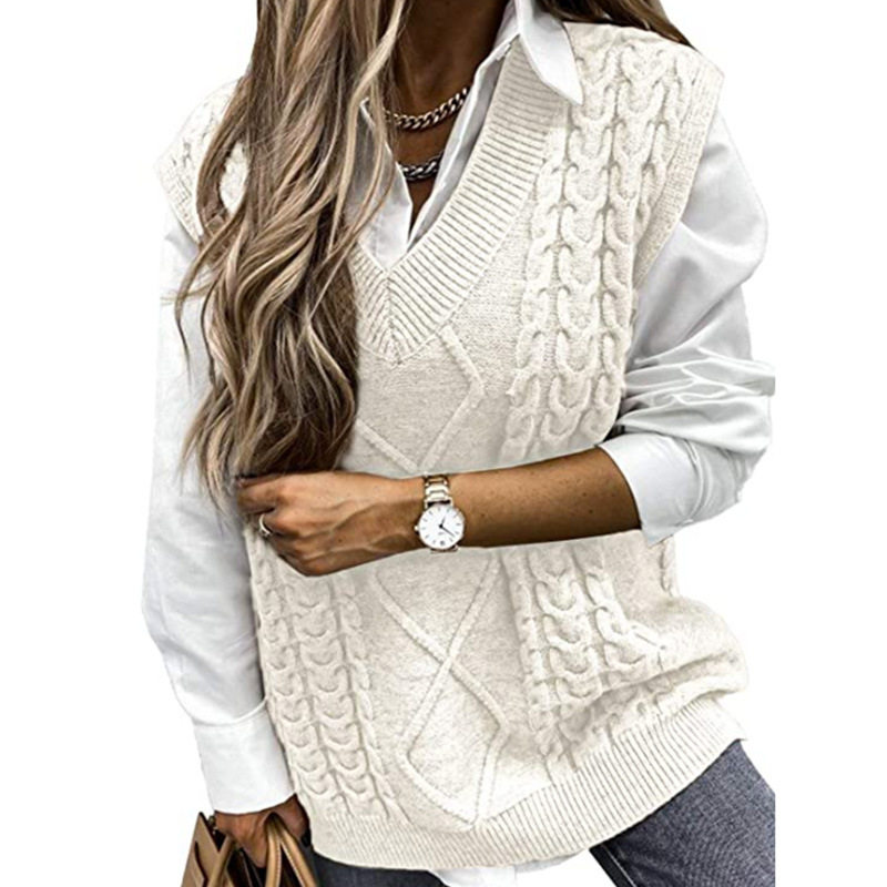 日常百搭白色菱格麻花针织马甲女宽松显瘦无袖背心Knitwear Style