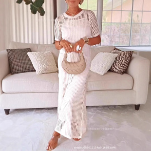 set 长裙两件套 knit modern outfit 镂空针织套装 summer 女短袖
