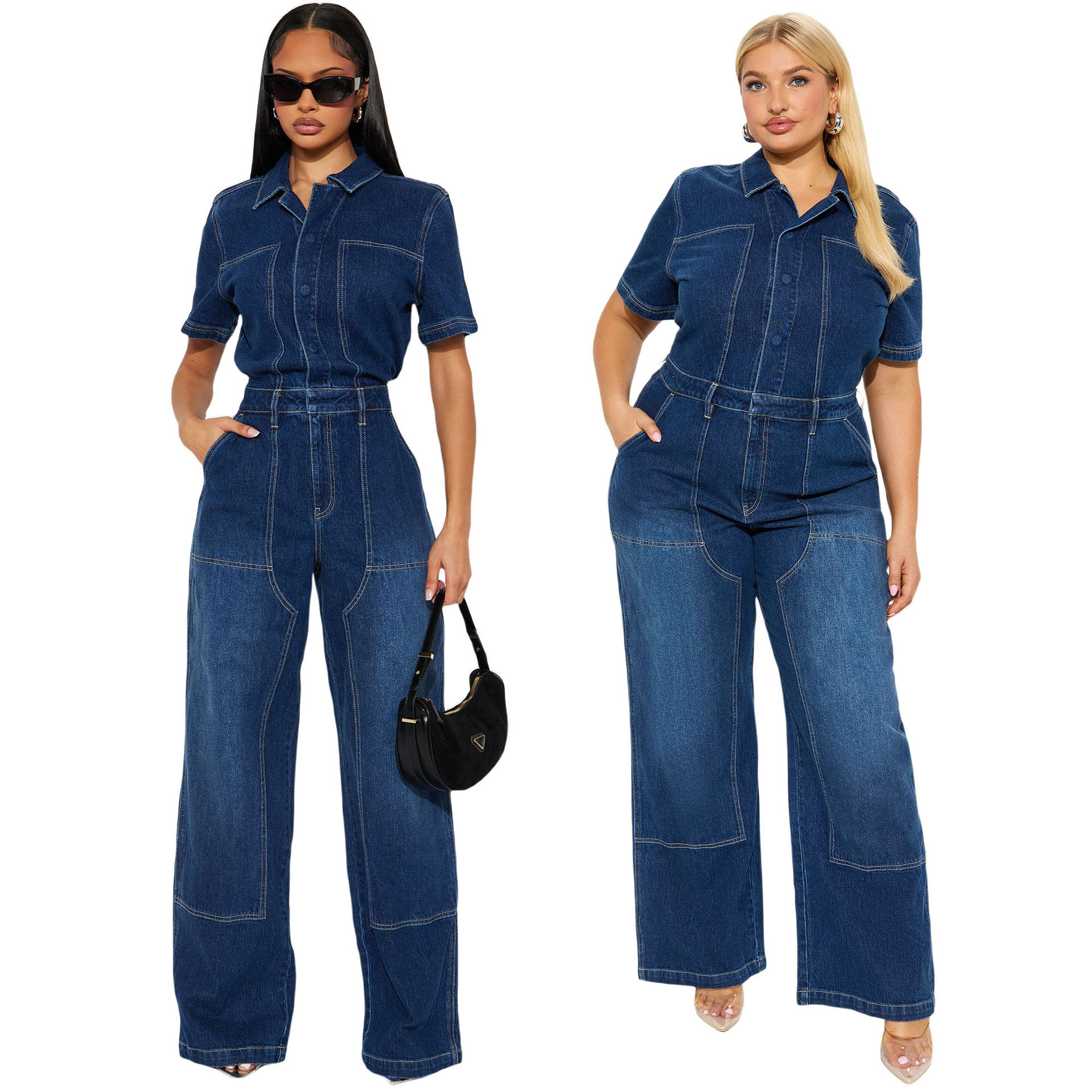 通勤休闲风牛仔短袖直筒工装连体裤女百搭 casual denim jumpsuit