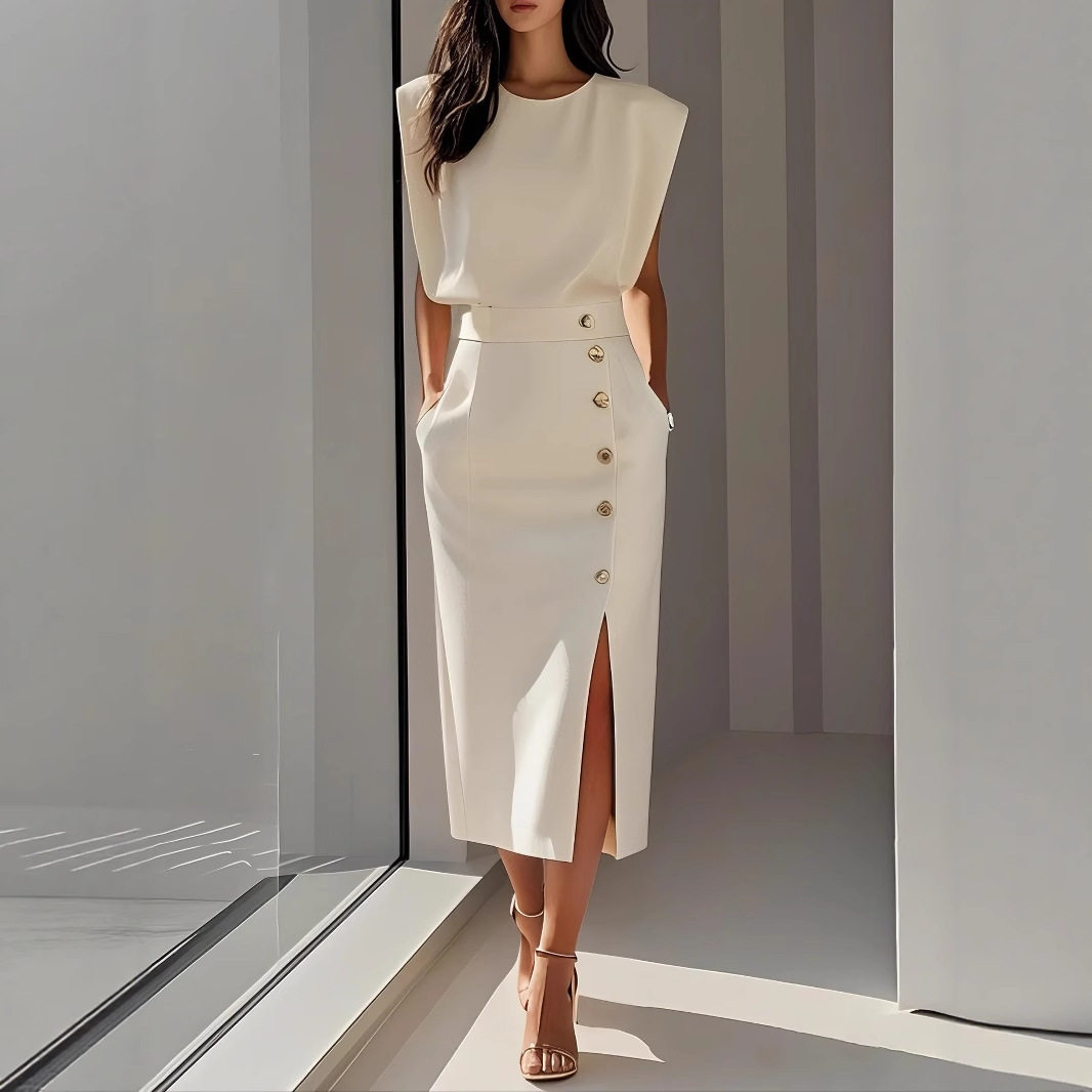 夏日约会连衣裙女白色开衩 Summer Date Dress Women White Front