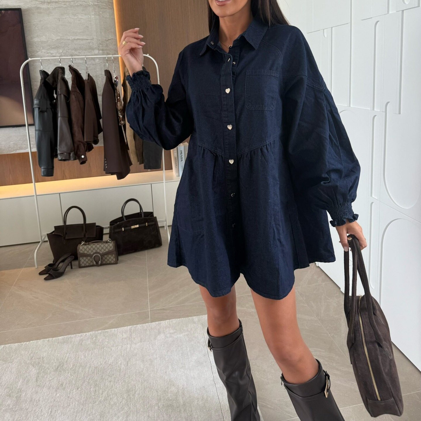 韩系慵懒风藏青宽松长袖翻领衬衫式连衣裙女显瘦直筒 shirt dress