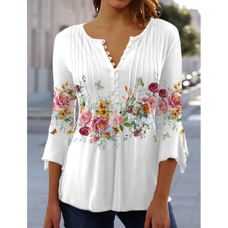 白色印花V领衬衫女中袖休闲通勤日常约会穿搭上衣女士 Blouse Top
