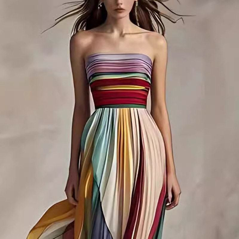 轻熟风条纹抹胸百褶连衣裙女性感收腰A型elegant strapless dress