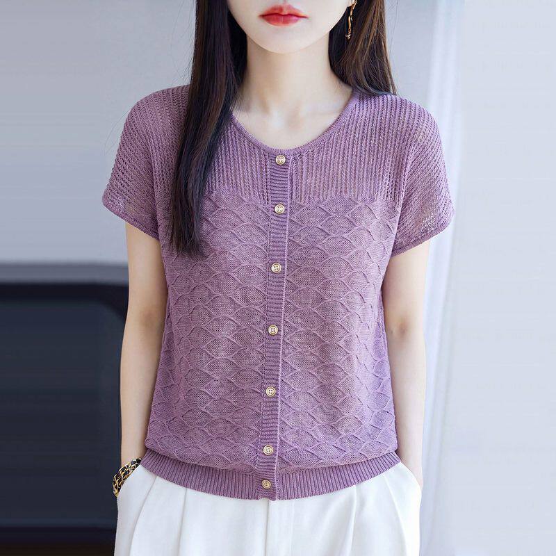 2026女装时尚优雅镂空针织短袖T恤夏薄款圆领显瘦宽松休闲风新款