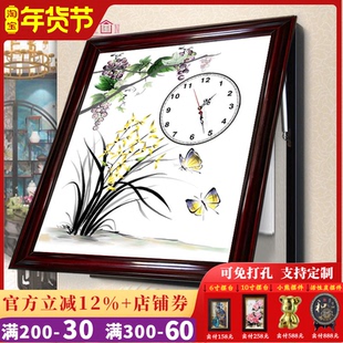 电表箱遮挡装饰画配电箱客厅中国画免打孔实木液压上翻带钟表壁画