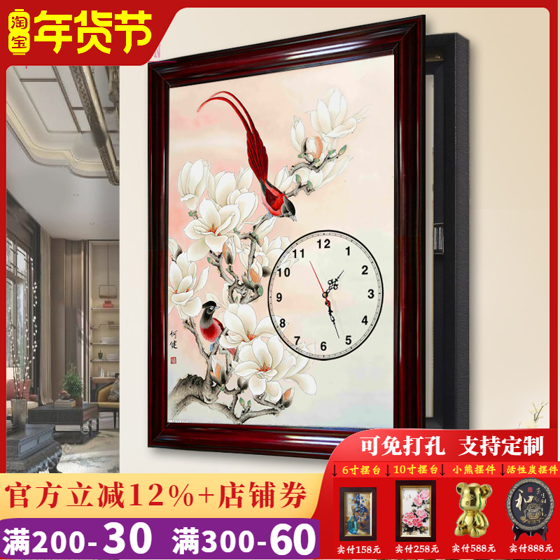 电表箱遮挡装饰画 配电箱客厅中国画 侧开免打孔实木框带钟表壁画,家居饰品,现代装饰画,淘宝优惠券,粉丝福利购,淘宝优惠卷
