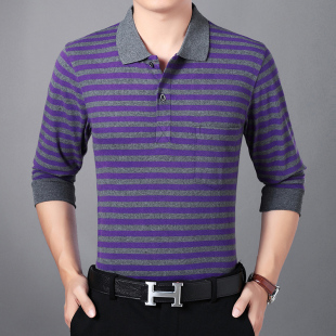 宽松2023中老年春秋上衣 中年t恤翻领条纹大码 爸爸男装 纯棉长袖