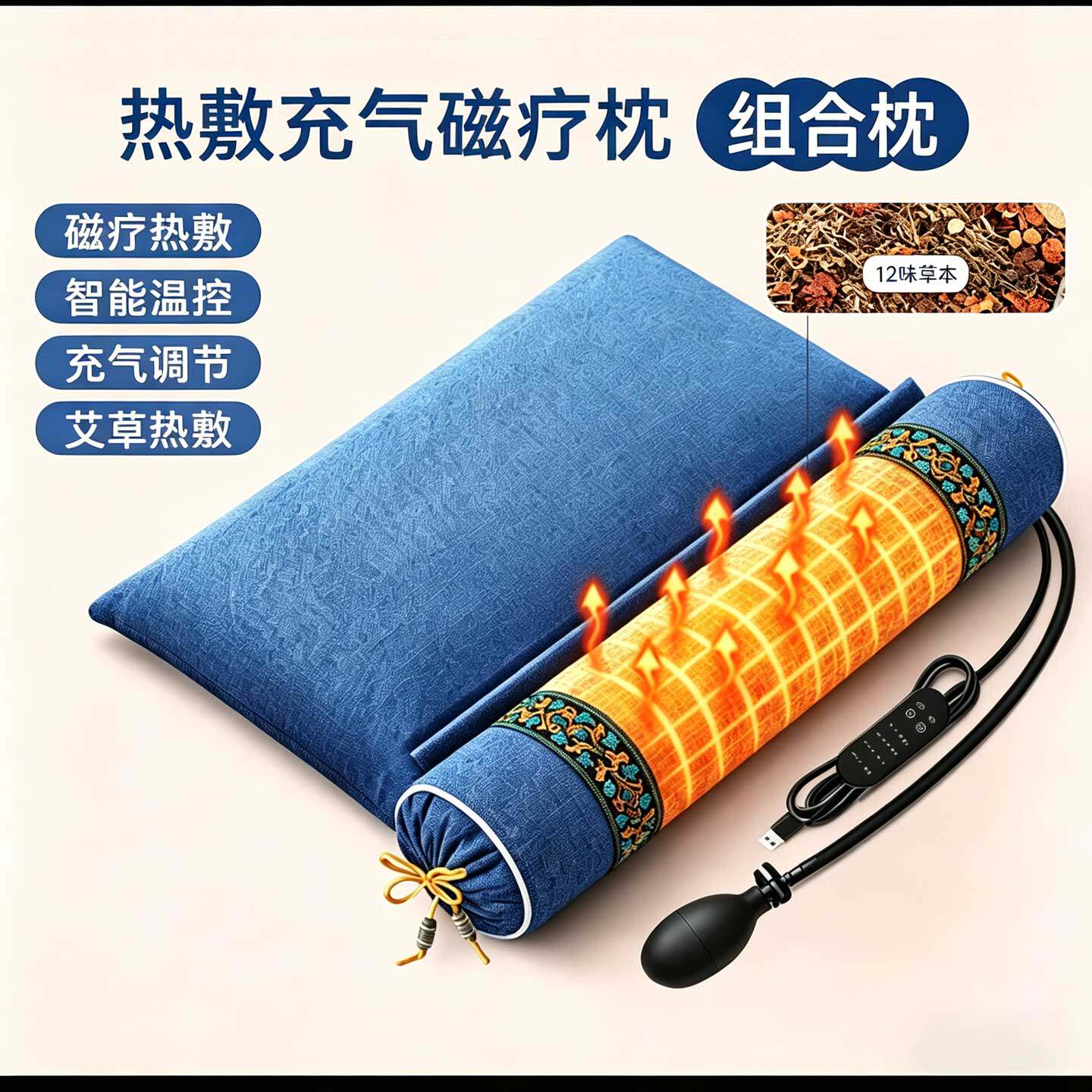 颈椎病专用磁疗枕头电加热护颈椎修复成人睡觉艾草中草药连体圆枕