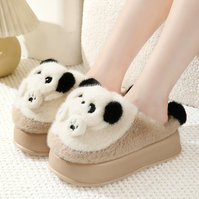 棉拖鞋女包头增高跟松糕底防水厚底毛毛可爱小熊猫拖鞋保暖月子鞋