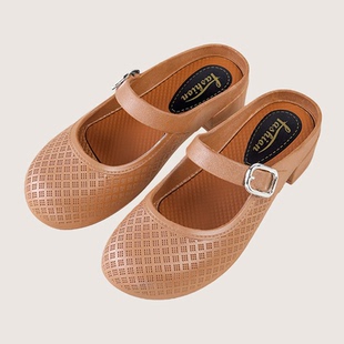 浴室洞洞鞋 内增高一字凉拖鞋 潮 女夏外穿透气洞洞鞋 镂空包头半拖鞋