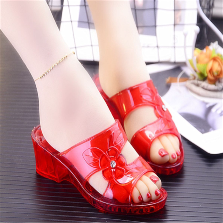 紫色水晶拖鞋高跟女坡跟时尚防滑透明家居沙滩度假懒人鞋凉拖