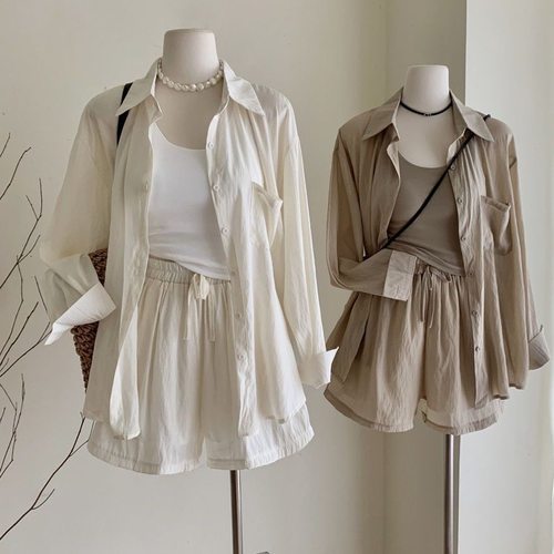 韩系休闲防晒衬衫套装女春夏薄款开衫衬衣+吊带+高腰短裤三件套