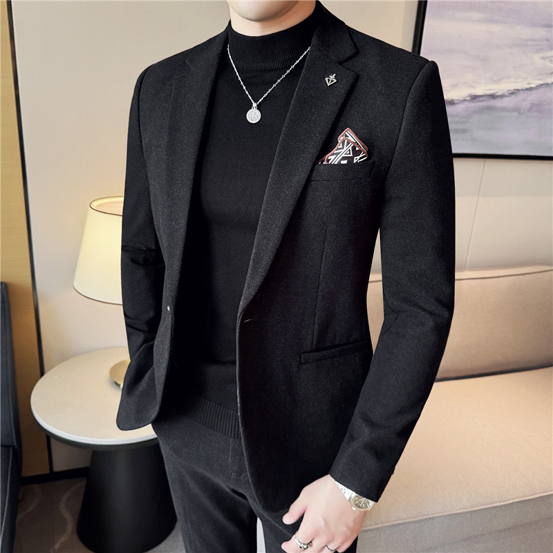 秋冬款高级感加厚呢子小西装外套韩版修身男商务礼服黑色休闲西服