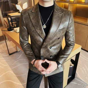 修身 时尚 商务双排扣休闲西服外套 痞帅韩版 新款 复古色男士 皮衣西装