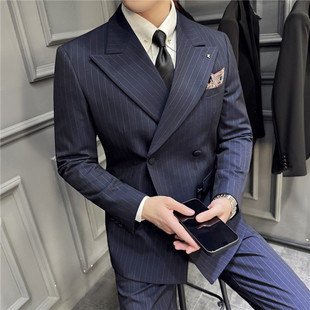 高档大戗驳领双排扣西服商务修身 色织条纹西装 三件套正装 礼服 男士
