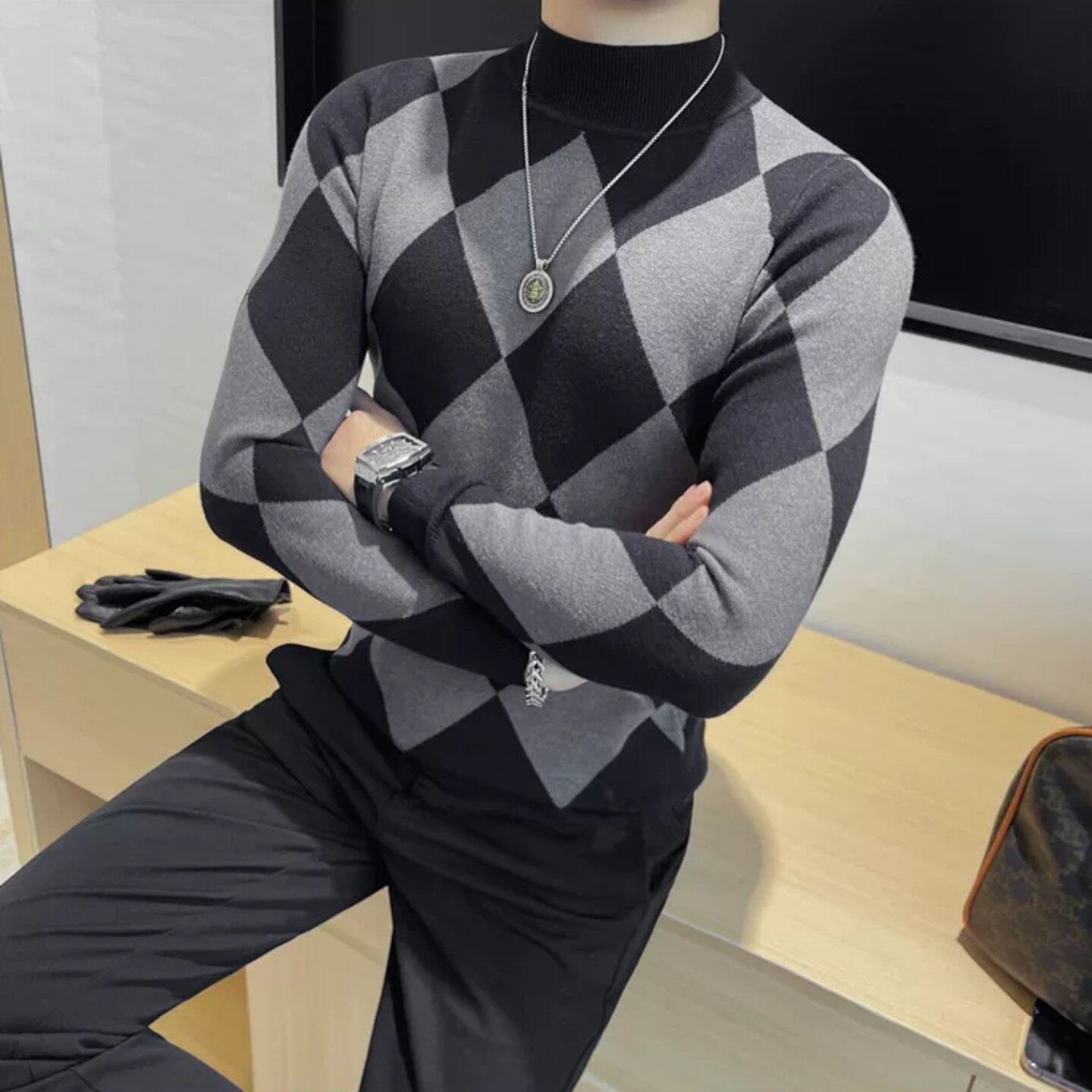 痞帅黑白格子半高领长袖毛衣秋冬新款男士修身弹力打底中领针织衫
