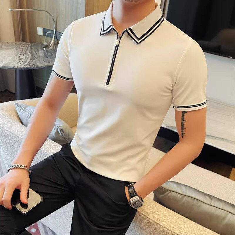 痞帅半拉链男士短袖POLO衫夏季英伦风修身百搭拼色领透气半袖T恤