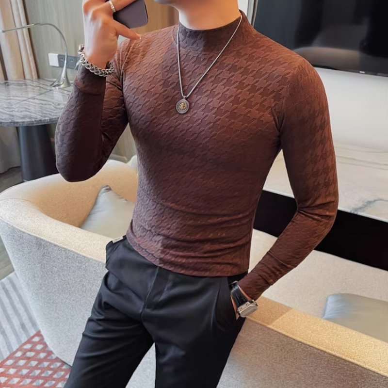 秋冬款抗皱半高领长袖打底衫男士韩版修身纯色百搭弹力T恤上衣服